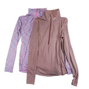 2 Under Armour Pullover Women S Blue Pink Space Dye 1/4 Zip HeatGear Long Sleeve